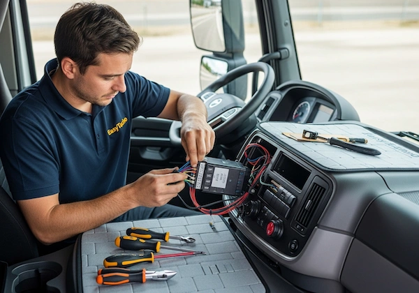 Profesionální montáž tachografu - EasyTacho s.r.o. technik instaluje digitální tachograf do nákladního vozidla